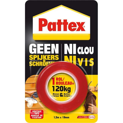 Afbeelding van Pattex montagetape Geen Spijkers &amp; Schroeven, ft 1,5 m x 19 mm, draagt tot 120 kg, blisterverpakking plakband