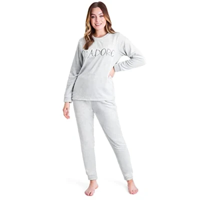 Afbeelding van CityComfort pyjama voor dames, lange fleece huispak, behaaglijk, grijs, S