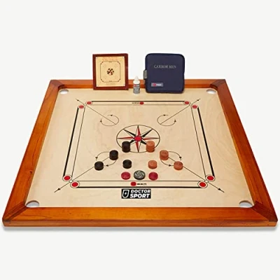 Afbeelding van Doctor Sport Carrom Karom Speelbord, compleet natuurlijk kikar hout, gemaakt in India, stenen Striker kleine tas, perfect en (alleen bord)