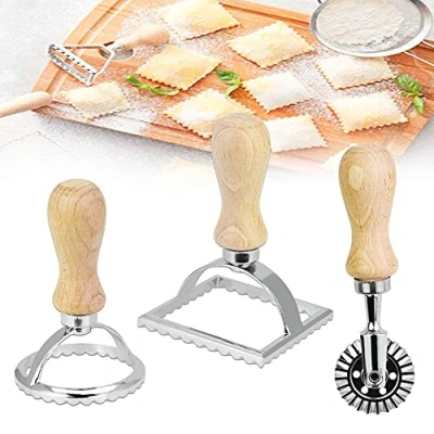 Afbeelding van BUENTYA 3 stuks Ravioli Stempel Set, Rvs Cutters Pasta met Houten Handvat Maker Cutter Wiel Roller voor het Maken van Ravioli, Empanadilla&#039;s of Koekjes