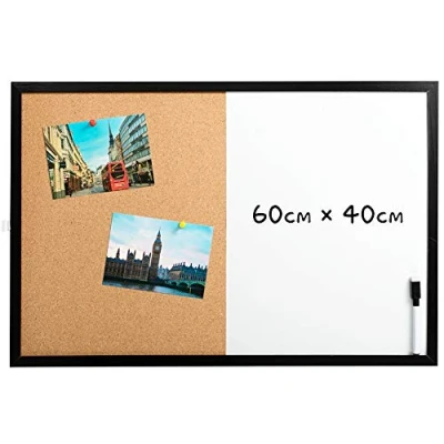 Afbeelding van DOEWORKS 60 * 40 cm magnetisch whiteboard en kurkbord combo board set, wandmontage bericht bulletin droog wissen / kurk combinatie met zwart houten frame