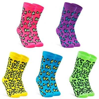 Afbeelding van CityComfort Damessokken, kuitlengte, kleurrijke grappige sokken, zacht, ademend, pak van 5, Multi luipaardprint, One size
