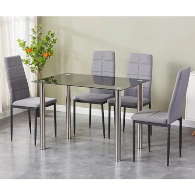 Afbeelding van HOOZ eettafel met 4 stoelen, rechthoekige eetkamertafel 5 delige tafel en set voor eetkamer, keuken woonkamer, zwarte grijze stoelen