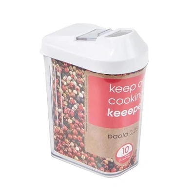 Afbeelding van keeeper Voorraadpot met deksel voor droog voedsel, traploos instelbaar dosering, BPA vrije kunststof, 250 ml, 6,5 x 4 12 cm, Paola, wit