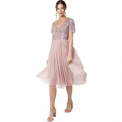 Afbeelding van Maya Deluxe Verfraaide midi avondjurk voor dames, V hals, korte mouwen, gala, bruiloft, bruidsmeisje, Frosted Roze, 32