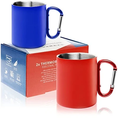 Afbeelding van Robin Goods® 2x RVS thermobeker met karabijnhaak 350 ml per koffiemok onbreekbare thermo drinkbeker dubbelwandige isolerende mok (2 stuks blauw/rood karabijnhaak)