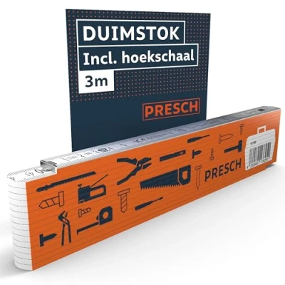 Afbeelding van Presch Duimstok 3m met hoekenschaal Hout Oranje Opvouwbaar Grote en zeer leesbare cijfers Nauwkeurige vergrendeling Folding rule, vouwmeter 3m, meter stick gereedschapsmotief