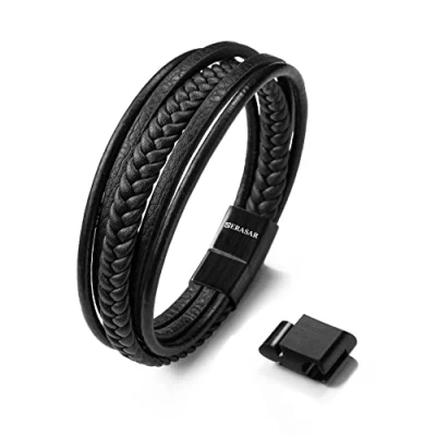 Afbeelding van SERASAR Leren Polsband voor Heren [Braid] Zwart 23cm Manchetwikkeltouwarmband