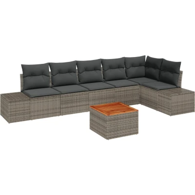 Afbeelding van vidaXL 7 Delig Tuinbankstel met Kussens Grijs Poly Rattan Acacia