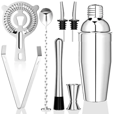 Afbeelding van Gvolatee 750 ml cocktailset, 8 stuks roestvrijstalen shaker, professionele barkeeperaccessoires, met dubbele maatbeker, lepel, pourer, voor het mengen van dranken, thuis, bar, feest (zilver)