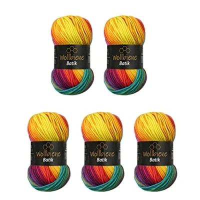 Afbeelding van 5 x 100 g wolbijen Batik 500 gram wol met kleurverloop, meerkleurig, breiwol, haakwol (5910 regenboog)