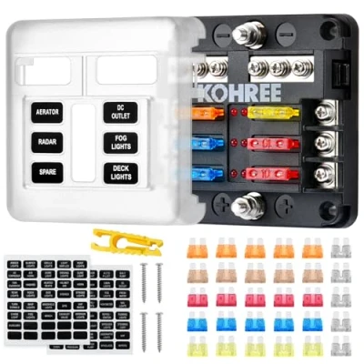 Afbeelding van Kohree 6 voudige ATO zekeringhouder voor auto, DC 12 V 32 100 A zekeringblok + 10 platte zekeringen met led display, beschermkap, boot, SUV