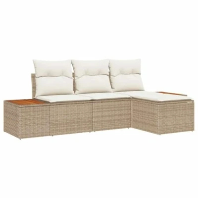 Afbeelding van vidaXL 4 delige tuinset met kussens Beige Poly Rattan en Acacia