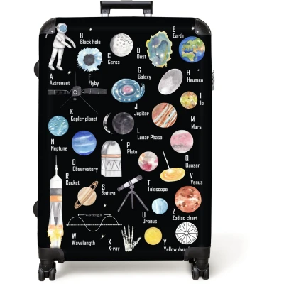 Afbeelding van NoBoringSuitcases.com® Koffer groot Reiskoffer lichtgewicht Alfabet Planeten Ruimte Astronaut Kinderen Rolkoffer met 4 wielen Grote trolley XL 98 liter bagage
