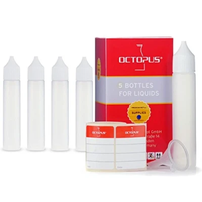 Afbeelding van 5 x 30 ml vloeistofflessen met trechter + etiketten, zachte LDPE dispenserflessen voor e liquids, sigaretten, Unicorn flessen vloeistoffen, plastic witte doppen
