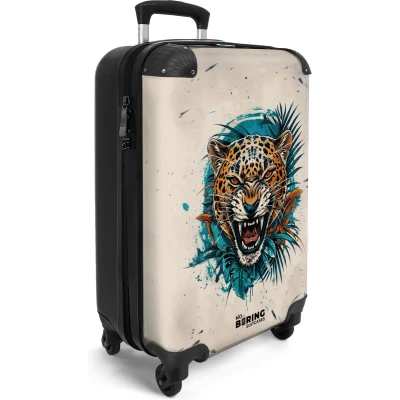 Afbeelding van NoBoringSuitcases.com® Handbagage koffer lichtgewicht Reiskoffer trolley Beige met jaguar Rolkoffer wieltjes Past binnen 55x40x20 en 55x35x25