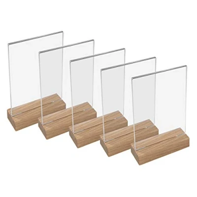 Afbeelding van HMF 46942 acryl tafelstandaard met houten voet, 5 stuks, DIN A5 staand formaat, doorzichtig
