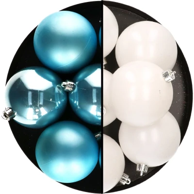 Afbeelding van Decoris kerstballen 12x st 8 cm wit en blauw kunststof Kerstbal