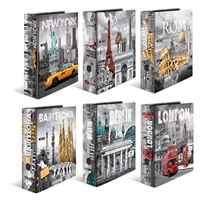 Afbeelding van HERMA 7169 ordner A4 steden assortiment, 10 stuks, 7 cm breed, motief van karton met opdruk aan de binnenkant, voor school en kantoor, stevige kinderringmappen, set jongens
