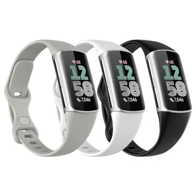 Afbeelding van Astorgos 3 Pack Slim Straps Compatible with Fitbit Charge 6/Charge 5 for Women Men, Soft TPE Watch Strap Thin Band Replacement Wristband, Black/Rock Gray/White