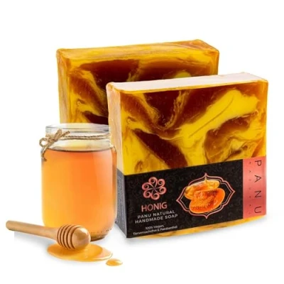 Afbeelding van Panu Soaps Honey Veganistische douchezeep voor alle huidtypes Natuurlijke zeep als vaste douchegel en shampoo Premium Soap Bar