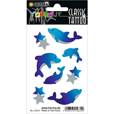 Afbeelding van HERMA 15634 Tijdelijke tatoeages dolfijnen, 8 stuks, zelfklevende om op te plakken, nep tatoeagestickers met dolfijnensterrenmotief, kindertatoeagestickers voor verjaardag, carnaval,