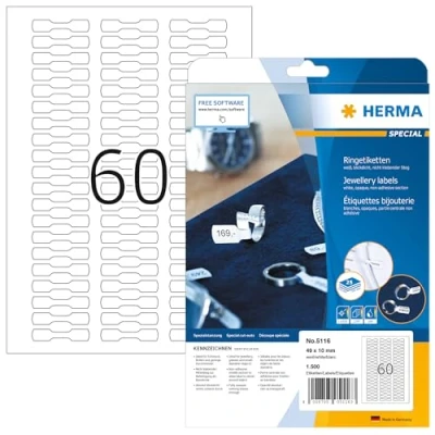 Afbeelding van HERMA 5116 prijse etiketten A4 ondoor (49 x 10 mm, 25 velles, papier, mat) zelfklevend, bedrukbaar, extreme sterk klevende ringetiketten, 1500 voor printer, wit