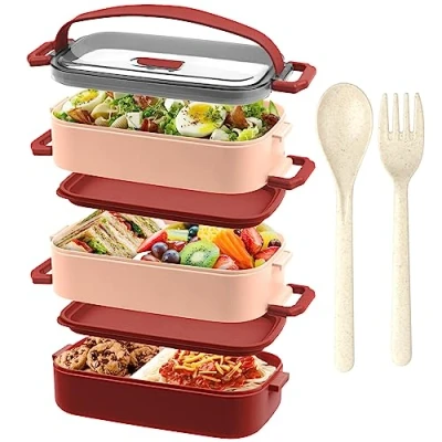 Afbeelding van OITUGG Lunchbox 3 Laags Bento Box 2200ml Volwassene met compartimenten Verstelbaar en Bestek Lekvrij, BPA Vrij, Magnetronbestendig, Groot 19,5x11,2x15cm,Rood