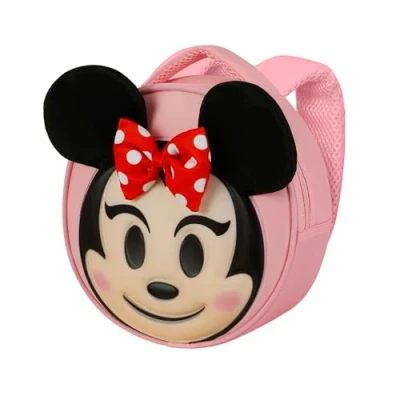 Afbeelding van Emoji rugzak Minnie Mouse Kleine ronde met 3D reliëf voorkant 22cm x 9cm, zacht materiaal, hoofdcompartiment ritssluiting, binnenvoering gaasvak, verstelbare schouderbanden, gewatteerde rug.