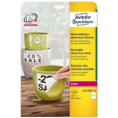 Afbeelding van Avery Zweckform L4717REV 20 folie etiketten 210 x 148 mm Polyester Wit 40 stuk(s) Weer verwijderbaar Laser (kleur), (zwart/wit), Kopiëren
