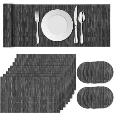 Afbeelding van 17 stuks grijze placemats tafelmatten set, 8 placemats, onderzetters, 1 lange tafelmat, wasbaar, hittebestendige, antislip en onderzettersets voor thuis, restaurant, buiten dineren