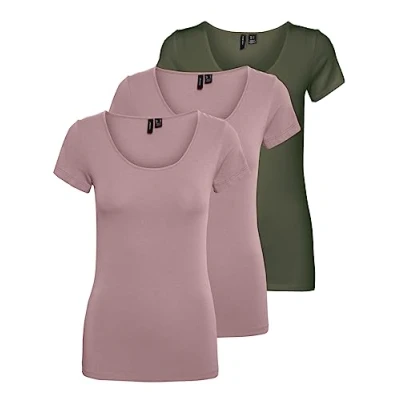 Afbeelding van VERO MODA Dames Vmmaxi My Ss Soft U Neck Noos T shirt, veelkleurig (2x Woodrose/1x Dusty Olive), M