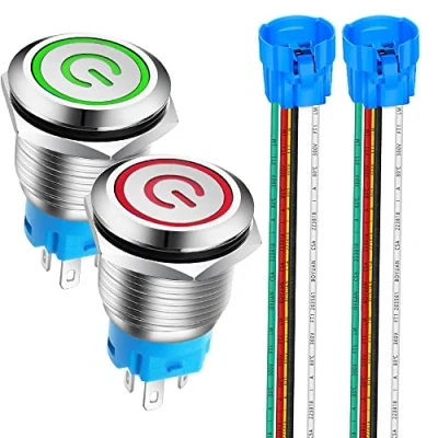Afbeelding van Gebildet 19mm Roestvrijstalen Vergrendelende Knopschakelaar 12V 24V 5A Voedingssymbool LED 1NO1NC SPDT AAN UIT Waterdichte Tuimelschakelaar met Draadcontactdoos(Rood+Groen LED)