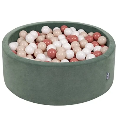 Afbeelding van KiddyMoon rond ballenbad fluwelen 90x30cm/300 ballen ∅ 7cm ballenbakken voor baby&#039;s speelbad peuters, made in eu, bosgroen: pastel beige/zalm/wit