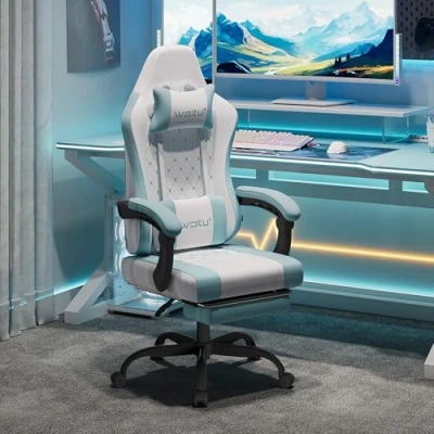 Afbeelding van WOLTU Gamingstoel met massagefunctie, computerstoel pocketveringkussen, ergonomische draaistoel hoofdkussen, lendenkussen, voetensteun, netstof, wit + blauw, GS15bws