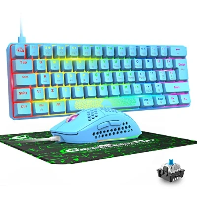 Afbeelding van Mechanische gaming toetsenbord en muis combo set, RGB verlichte toetsen, speciale multimediatoetsen, mini 60% toetsenbord, morsbestendig, 6400 dpi programmeerbare gamingmuis, muizenpad, QWERTY