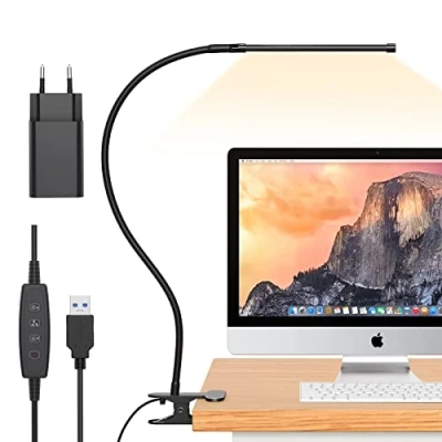 Afbeelding van iZELL 77 LED Dimbare Bureaulamp 【3 Kleurtemperaturen &amp; 10 Helderheidsniveaus】 70cm Flexibele Zwanenhals met USB Oplader, Klemlamp, Kantoorlamp, Werklamp voor Thuiskantoor/Kantoor