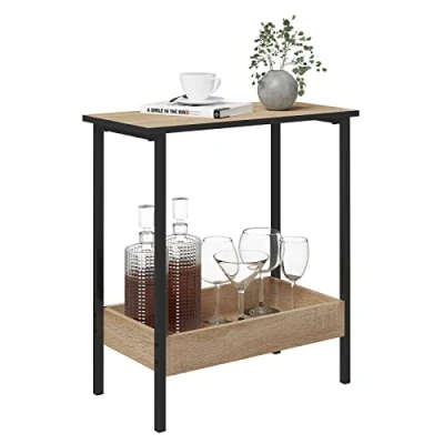 Afbeelding van WOLTU Bijzettafel, salontafel met 2 planken, consoletafel opbergruimte in de woonkamer, woonkamertafel van metaal, houtmateriaal, kleine zwart licht eiken, 50 x 55 25 cm, BTS03hot