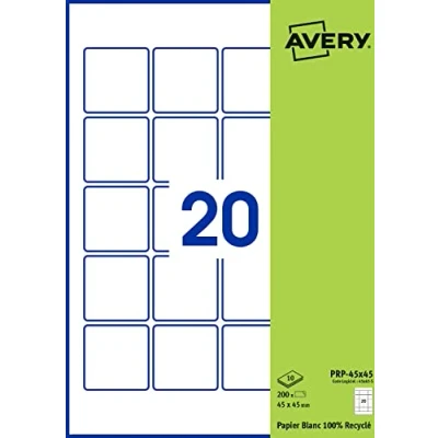 Afbeelding van AVERY Verpakking met 200 zelfklevende etiketten, vierkant, gerecycled wit papier, formaat 45 x mm, personaliseerbaar en bedrukbaar, laser, inkjet kopieerapparaat (PRP 45.fr)