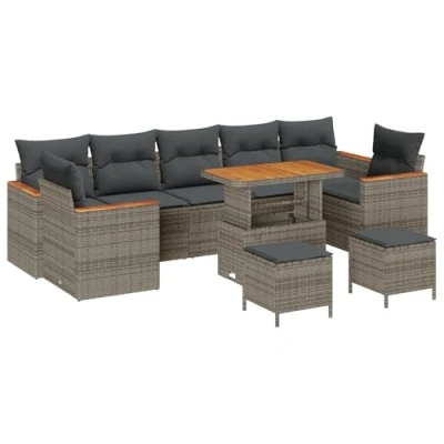 Afbeelding van vidaXL 10 delige tuinbankset met kussens in grijs poly rattan en acacia