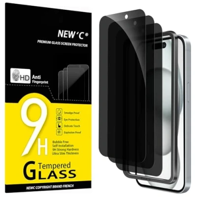 Afbeelding van NEW&#039;C 3 Stuks, Privacy Screen Protector voor iPhone 16,15 (6,1 inch), Gehard Glass Schermbeschermer Film 0.33 mm Ultra transparant, resistent Eenvoudig installatiegereedschap inbegrepen