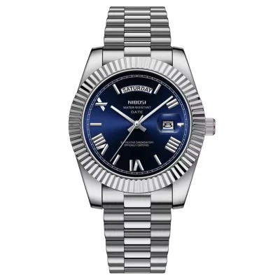 Afbeelding van Nibosi Luxe Herenhorloge Polshorloge Heren Cadeau Horloge Geschenkdoos Mannen Zilver Blauw RVS