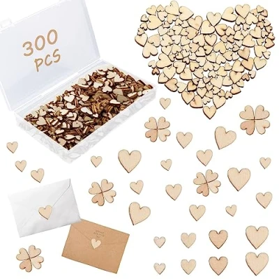 Afbeelding van 300 stuks kleine houten hartjes, decoratie, mini versieringen, schijven, hart, hartjes om te knutselen, voor doe het zelf handwerk,