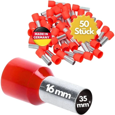 Afbeelding van 50 stuks Kalitec AE3516RT adereindhulzen geïsoleerd 35mm² 16mm lang rood I Made in Germany Industriële kwaliteit