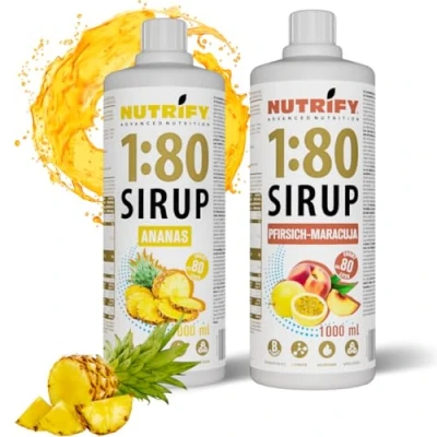 Afbeelding van NUTRIFY Vital Fitness Drink 1:80 siroop 2x1 L set perzik maracuja &amp; ananas, drankconcentraat met vitaminen carnitine suikervrij 160 liter sportdrank caloriearm 2 pack, x 1000 ml