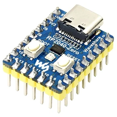 Afbeelding van Waveshare RP2040 Zero Board met pinheader, gebaseerd op Raspberry Pi MCU RP2040, dual core arm Cortex M0+ processor, flexibel klokt tot 133 MHz, onboard 2 MB Flash, USB C aansluiting