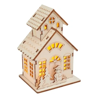 Afbeelding van VBS Houten bouwpakket huis met toren en sneeuwpop incl. LED 15 delen DIY kerstproject kersttijd
