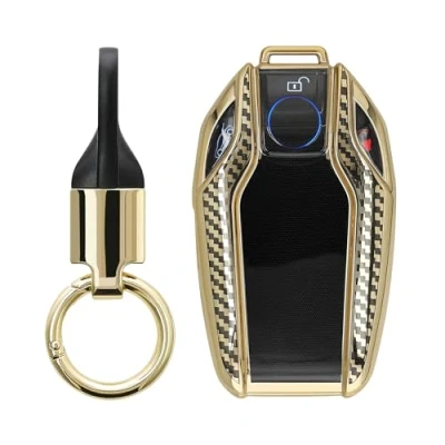 Afbeelding van kwmobile autosleutel hoesje met sleutelring geschikt voor BMW Display Key Sleutel case sleutelhanger Metallic Carbon design in goud / zwart