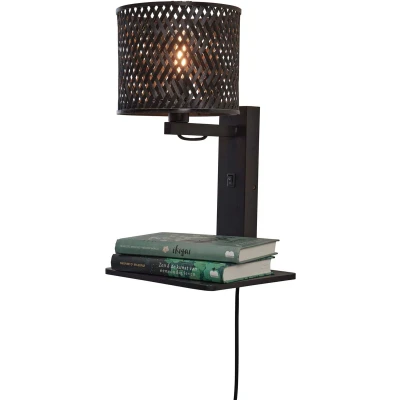 Afbeelding van Good&amp;Mojo Wandlamp Java Bamboe Met Plankje Zwart 30x22x52cm
