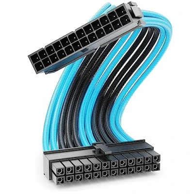Afbeelding van deleyCON 24 Pins ATX Voedingskabel Intern 30 cm 18 AWG PSU Moederbord PC Computer Voeding Nylon Mannelijk naar Vrouwelijk Zwart Blauw